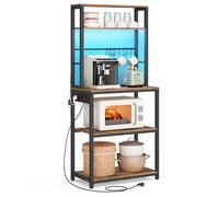 VASAGLE Scaffale da Cucina con LED, Scaffale per Microonde con Multipresa, Ripiani Regolabili, 8 Ganci, 40 x 60 x 168,4 cm, Marrone Vintage e Nero Opaco KKS049KD01
