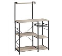 VASAGLE Scaffale da Cucina, Supporto per Forno a Microonde, Mobile Cucina, con Cestino a Filo Metallico, 6 Ganci, per Spezie, Pentole e Padelle, Greige e Nero KKS035B02