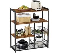 VASAGLE Scaffale per Microonde con 2 Cesti in Rete Metallica, Scaffale da Cucina con Piano d’Appoggio, Ripiani e Ganci, 35 x 80 x 93,5 cm, Marrone Vintage e Nero KKS96X