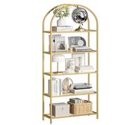 VASAGLE Scaffale Portaoggetti a 5 Ripiani, Libreria Scaffale in Vetro Temperato, Design ad Arco, Struttura in Metallo, per Soggiorno Camera da Letto Studio Bagno, Dorato e Trasparente LGT050A01