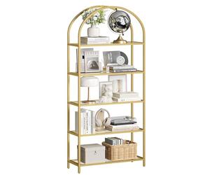 VASAGLE Scaffale Portaoggetti a 5 Ripiani, Libreria Scaffale in Vetro Temperato, Design ad Arco, Struttura in Metallo, per Soggiorno Camera da Letto Studio Bagno, Dorato e Trasparente LGT050A01