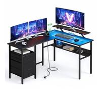 VASAGLE Scrivania a L con Prese di Corrente, Tavolo ad Angolo per Computer con Supporto per Monitor, Luci a LED, 2 Cassetti, 2 Porte USB, Nero Ebano LWD095B01