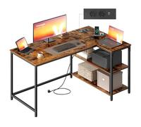 VASAGLE Scrivania a L, Scrivania Angolare per Computer con Prese e Porte USB, Ripiani Regolabili, 120 x 80 cm, per Ufficio in Casa, Marrone Vintage, Collezione BARNET LWD132KD01
