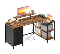 VASAGLE Scrivania Angolare a L con Prese di Corrente, Scrivania da Gaming, Layout Reversibile, Ripiani Regolabili, 4 Cassetti, 2 Porte USB, Studio Ufficio, 140 x 80 cm, Marrone Vintage LWD172KD01