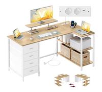 VASAGLE Scrivania Angolare a L con Prese di Corrente, Scrivania da Gaming, Layout Reversibile, Ripiani Regolabili, 4 Cassetti, 2 Porte USB, Studio Ufficio, 140 x 80 cm, Rovere Naturale LWD172YD01