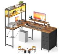VASAGLE Scrivania Angolare, Scrivania da Gaming con Prese e Porte USB, Luci LED, 3 Cassetti, Supporto per Monitor, 160 x 100 x 150 cm, Marrone Vintage e Nero Opaco, Collezione BARNET LWD163K101
