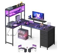 VASAGLE Scrivania Angolare, Scrivania da Gaming con Prese e Porte USB, Luci LED, 3 Cassetti, Supporto per Monitor, 160 x 100 x 150 cm, Nero Ebano, Collezione BARNET LWD163B101