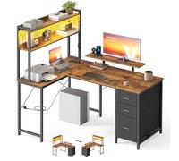 VASAGLE Scrivania Angolare, Scrivania da Gaming con Prese e Porte USB, Luci LED, 3 Cassetti, Supporto per Monitor, 140 x 100 x 150 cm, Marrone Vintage e Nero, Collezione BARNET LWD162K101