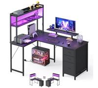 VASAGLE Scrivania Angolare, Scrivania da Gaming con Prese e Porte USB, Luci LED, 3 Cassetti, Supporto per Monitor, 140 x 100 x 150 cm, Nero, Collezione BARNET LWD162B101