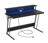 VASAGLE Scrivania da Gaming con Luci LED e Prese di Corrente, Scrivania da Computer, Supporto per Monitor, Tavolo per 2 Monitor, Ufficio, Camera da Letto, 60 x 120 x 76 cm, Nero Ebano LWD192B56