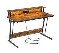 VASAGLE Scrivania da Gaming con Luci LED e Prese di Corrente, Scrivania da Computer, Supporto per Monitor, Tavolo per 2 Monitor, Ufficio, Camera da Letto, 60 x 120 x 76 cm, Marrone Vintage LWD192K01