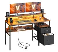 VASAGLE Scrivania per Computer con Cassetti in Tessuto, Supporto per Monitor, Luci a LED e Prese di Corrente, 55 x 135 x 90 cm, 2 Porte USB-A, Marrone Vintage LWD094K02