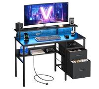 VASAGLE Scrivania per Computer con Cassetti in Tessuto, Supporto per Monitor, Luci a LED e Prese di Corrente, 55 x 120 x 90 cm, 2 Porte USB-A, Nero Ebano LWD093B01
