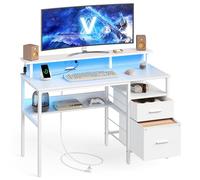 VASAGLE Scrivania per Computer con Cassetti in Tessuto, Supporto per Monitor, Luci a LED e Prese di Corrente, 55 x 120 x 90 cm, 2 Porte USB-A, Bianco Acero LWD093W01