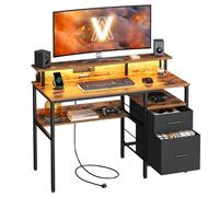 VASAGLE Scrivania per Computer con Cassetti in Tessuto, Supporto per Monitor, Luci a LED e Prese di Corrente, 55 x 120 x 90 cm, 2 Porte USB-A, Marrone Vintage LWD093K01