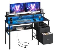 VASAGLE Scrivania per Computer con Cassetti in Tessuto, Supporto per Monitor, Luci a LED e Prese di Corrente, 55 x 135 x 90 cm, 2 Porte USB-A, Nero Ebano LWD094B56