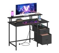 VASAGLE Scrivania per Computer con Cassetti in Tessuto, Supporto per Monitor, Scrivania da Ufficio, 2 Prese AC, 2 Porte USB-A, 120 x 60 cm, Nero Ebano LWD093B01V1