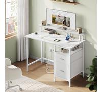 VASAGLE Scrivania per Computer con Cassetti in Tessuto, Supporto per Monitor, Scrivania da Ufficio, 2 Prese AC, 2 Porte USB-A, 120 x 60 cm, Bianco Acero LWD093W01V1