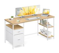 VASAGLE Scrivania per Computer, Tavolo da Ufficio, Scrivania con 3 Ripiani, 2 Cassetti, 160 x 60 x 76 cm, per Ufficio, Soggiorno, Stile Industriale, Rovere Naturale e Bianco Nuvola LWD105YD01