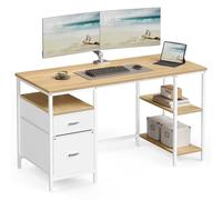 VASAGLE Scrivania per Computer, Tavolo da Ufficio, Scrivania con 3 Ripiani, 2 Cassetti, 60 x 140 x 76 cm, per Ufficio, Soggiorno, Stile Moderno, Rovere Naturale e Bianco Perla LWD104Y01