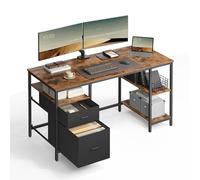 VASAGLE Scrivania per Computer, Tavolo da Ufficio, Scrivania con 3 Ripiani, 2 Cassetti, 60 x 140 x 76 cm, per Ufficio, Soggiorno, Stile Industriale, Marrone Vintage e Nero Opaco LWD104B01