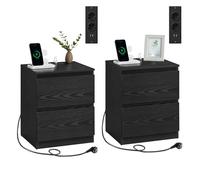 VASAGLE Set di 2 Comodini con Ciabatta Elettrica, 2 Cassetti, 2 Prese AC | Set di 2 Comodini, Porte USB-A e C, Camera da Letto, Moderno, Nero Ebano, Collezione KAILYN LET821B02
