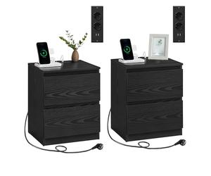 VASAGLE Set di 2 Comodini con Ciabatta Elettrica, 2 Cassetti, 2 Prese AC | Set di 2 Comodini, Porte USB-A e C, Camera da Letto, Moderno, Nero Ebano, Collezione KAILYN LET821B02