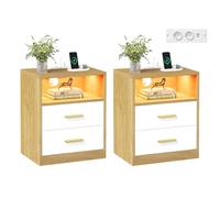 VASAGLE Set di 2 Comodini con Stazione di Ricarica, Luce LED, Cassetti | Tavolino Moderno, Ripiano Aperto, 2 Prese AC e Porte USB, Rovere Naturale e Bianco Nuvola, Collezione CUSTOS LET829YD02