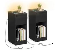 VASAGLE Set di 2, Comodino Stretto, Tavolino Laterale, con Illuminazione LED, 1 Porta USB-A, 1 Porta USB-C, Cassetto e Scomparto, Camera da Letto, Soggiorno, Nero Ebano/Bianco Nuvola/Giallo Mandorla e