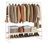 VASAGLE Stand Appendiabiti, Appendiabiti da Terra con 2 Ripiani, 6 Ganci Laterali a S, Struttura in Acciaio, 45 x 138 x 160 cm, Camera da Letto Corridoio, Beige Naturale e Bianco Opaco RGR119W09