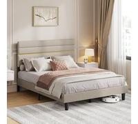 VASAGLE Struttura Letto Matrimoniale, Telaio Letto, per Materasso 140 x 200 cm, Testiera Imbottita Regolabile, Metallo e Legno, Moderno, Beige Cappuccino RMB504LH01