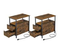 VASAGLE Tavolini con Stazione di Ricarica, Set di 2, Tavolini Stretti con 2 Cassetti, Comodino con Portaoggetti, per Soggiorno, Camera da Letto, Marrone Vintage e Nero Classico LCT648B01