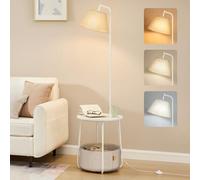 VASAGLE Tavolino con Lampada, Lampada da Terra 3 in 1 con Tavolino e Cesto in Tessuto da Soggiorno Salotto, Lampadina LED Regolabile Inclusa, Paralume ad Angolo, Acciaio, Bianco Opaco LFL004WC04