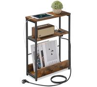 VASAGLE Tavolino con Multipresa a 3 Ripiani, Tavolino Stretto per Piccoli Spazi, con Portariviste, per Salotto Camera da Letto Studio, Marrone Vintage e Nero Inchiostro LET335K02