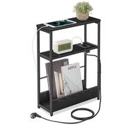 VASAGLE Tavolino con Multipresa a 3 Ripiani, Tavolino Stretto per Piccoli Spazi, con Portariviste, per Salotto Camera da Letto Studio, Nero Ebano e Nero Inchiostro LET335B02