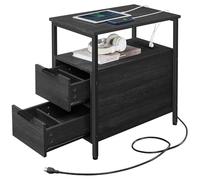 VASAGLE Tavolino con stazione di ricarica, tavolino stretto con 2 cassetti, comodino sottile e comodino, per piccoli spazi, nero ULET321B22
