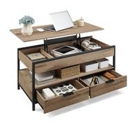 VASAGLE Tavolino da Caffè con Piano Rialzabile, Tavolino da Salotto, con Cassetti Portaoggetti, Scomparti Nascosti e Ripiano Aperto, 50 x 100 cm, Marrone Cammello e Nero Inchiostro LCT209K02