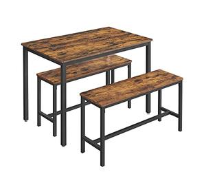 VASAGLE Tavolino da Pranzo con 2 Panche, Set di 3 Pezzi, Tavolo da Cucina 70 x 110 x 75 cm, 2 Panche 30 x 97 x 50 cm, Struttura in Acciaio, Marrone Vintage e Nero KDT070B01