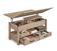 VASAGLE Tavolino da Salotto, Regolabile in Altezza, Pistone a Gas, 2 Cassetti e 3 Scomparti Sotto Piano, Tavolino da Caffè, 1 Scomparto Aperto, per Soggiorno, Studio, Marrone Cammello LCT254L01