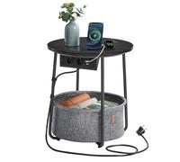 VASAGLE Tavolino Rotondo con Cestino in Tessuto e Multipresa | Comodino Spazioso per Soggiorno Camera da Letto, Stile Moderno, Nero Ebano e Grigio Ardesia, Collezione LILEA LET228B02