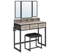 VASAGLE Tavolo da toilette con specchio pieghevole in 3 pezzi, supporto per asciugacapelli, tavolo cosmetico con sgabello imbottito, 3 cassetti, design industriale, Greige e nero RVT004B02