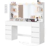 VASAGLE Toeletta con Luci, Postazione Trucco con Specchio, Prese e Porte USB, Scrivania con Cassetti, Mobile per Camera da Letto, 137 x 40 x 144,3 cm, Bianco Nuvola, Collezione KAILYN RDT341WB01