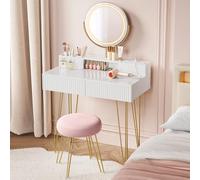 VASAGLE Toeletta con Sgabello e Illuminazione, Stazione di Ricarica, Specchio Girevole, Postazione Trucco, 40 x 80 x 134,8 cm, con Cassetti, Sgabello Imbottito, Bianco Opaco e Oro Pallido RVT019W01