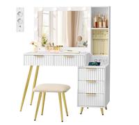 VASAGLE Toeletta con Sgabello e Specchio, Tavolo da Trucco con Cassetti, Specchio Ingranditore 10x, Illuminazione LED, Vassoio Portagioie, Multipresa, 40 x 110 x 135 cm, Bianco Nuvola RVT020WB01