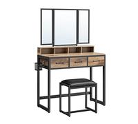 VASAGLE Toeletta con sgabello imbottito, tavolo da toeletta con triplo specchio, 3 cassetti, porta asciugacapelli cosmetico stile industriale, marrone rovere/nero RVT004B50