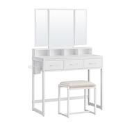 VASAGLE Toeletta con sgabello imbottito, tavolo da toeletta con triplo specchio, 3 cassetti, porta asciugacapelli, cosmetico stile moderno, bianco RVT004W14