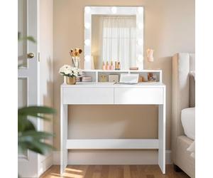 VASAGLE Toeletta con Specchio e Luci, 2 Cassetti e 3 Scomparti | Specchio Grande, Postazione Trucco, Moderno, Bianco Nuvola, Collezione KAILYN RDT114W01