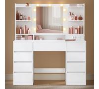 VASAGLE Toeletta con Specchio LED Montaggio Binari Senza Attrezzi | Multipresa, 9 Cassetti, Specchio LED Dimmerabile a 3 Colori, Bianco Nuvola, Collezione KAILYN RDT141WB02