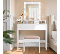 VASAGLE Toeletta Trucco con LED, Sgabello, 2 Cassetti e 3 Scomparti Aperti | Postazione Trucco, Sgabello in Velluto, per Camera da Letto, Bianco, Bianco Opaco e Rosa Pastello