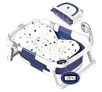 Vasca da bagno pieghevole per bambini, inserto per vasca da bagno per bambini, ergonomica e compatta, pieghevole, per il bagno di bambini piccoli, con termometro per febbre, colore: blu